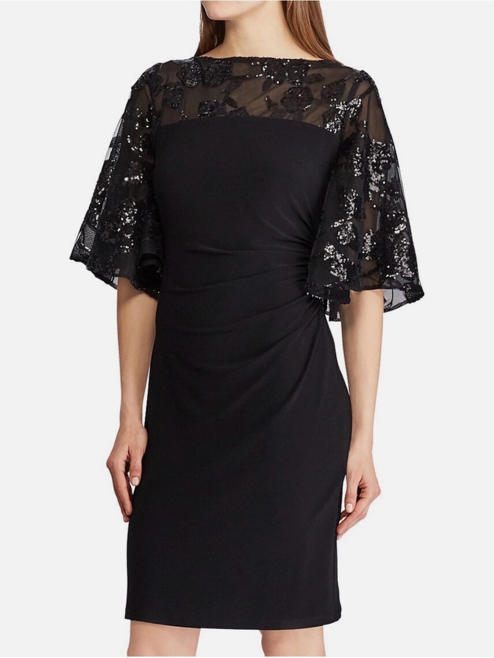 Ralph Lauren Black Sheath Dress with Sequin Flutter Sleeves